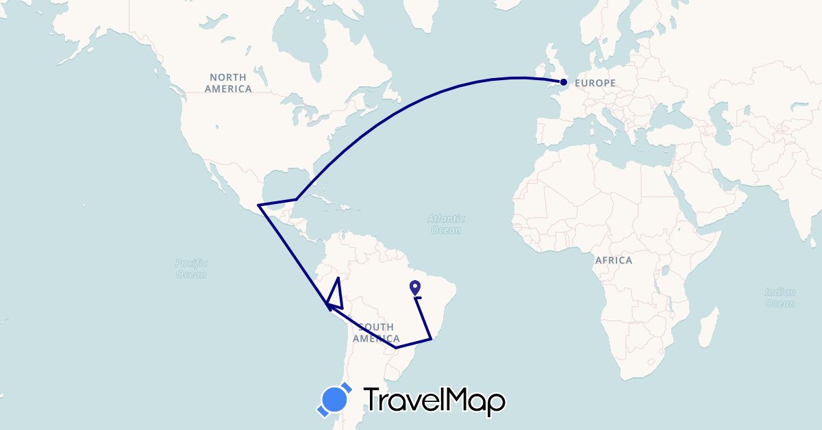TravelMap itinerary: driving in Brazil, United Kingdom, Mexico, Peru (Europe, North America, South America)