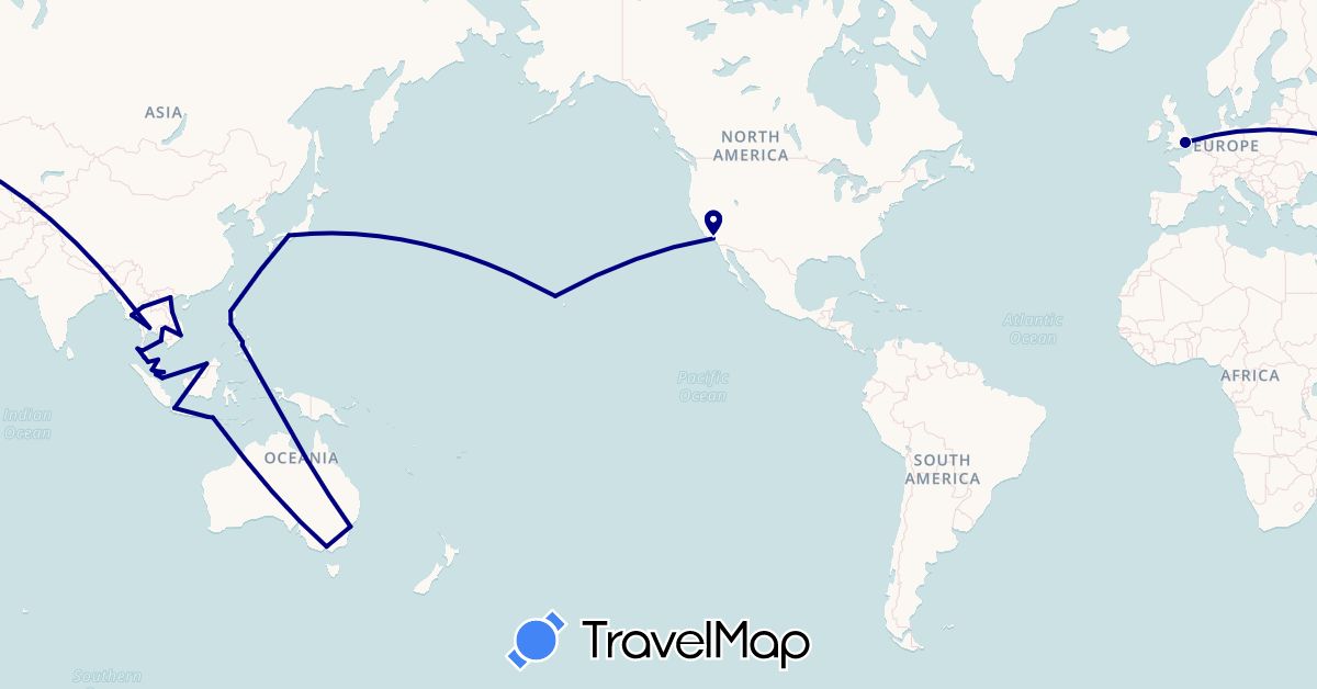 TravelMap itinerary: driving in Australia, Brunei, United Kingdom, Indonesia, Japan, Cambodia, Myanmar (Burma), Malaysia, Philippines, Singapore, Thailand, United States, Vietnam (Asia, Europe, North America, Oceania)